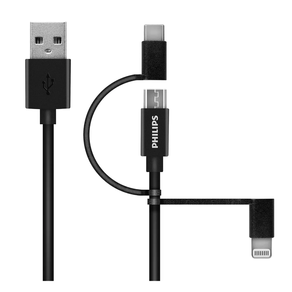 Philips MFI Apple Lisanslı 70W 3in1 Micro Usb-Lightining-Type-C Hızlı Şarj ve Data Kablosu 2m Siyah DLC3106T