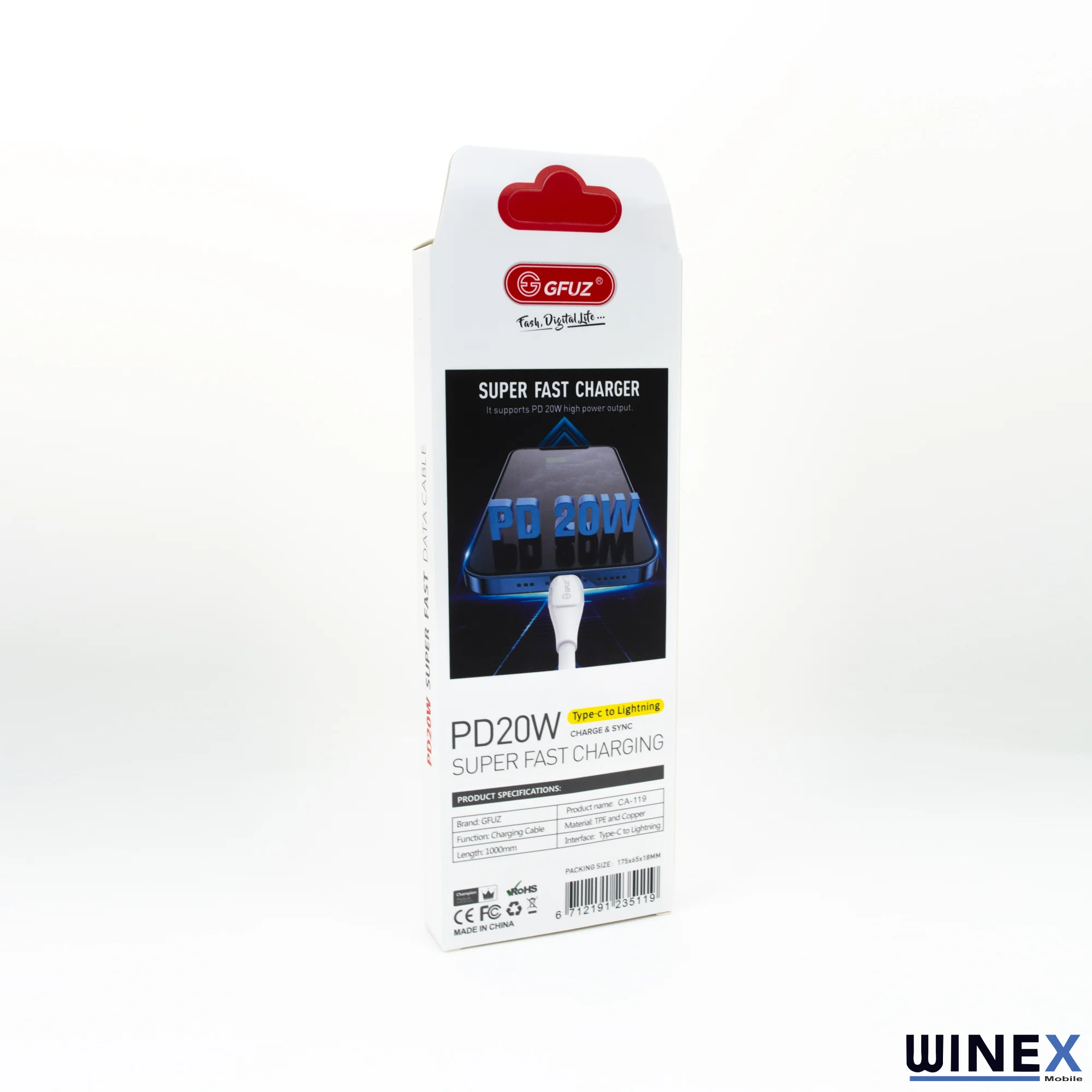 Winex CA119 3A PD20 Type-C to Lightning Data ve Hızlı Şarj Kablosu Beyaz