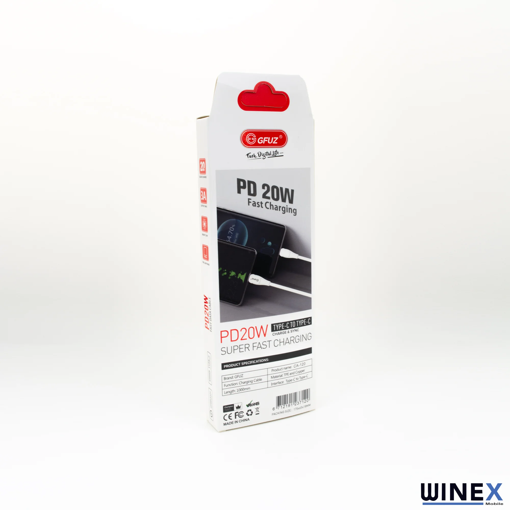 Winex CA120 PD20W 3A Type-C to Type-C Data ve Hızlı Şarj Kablosu Beyaz