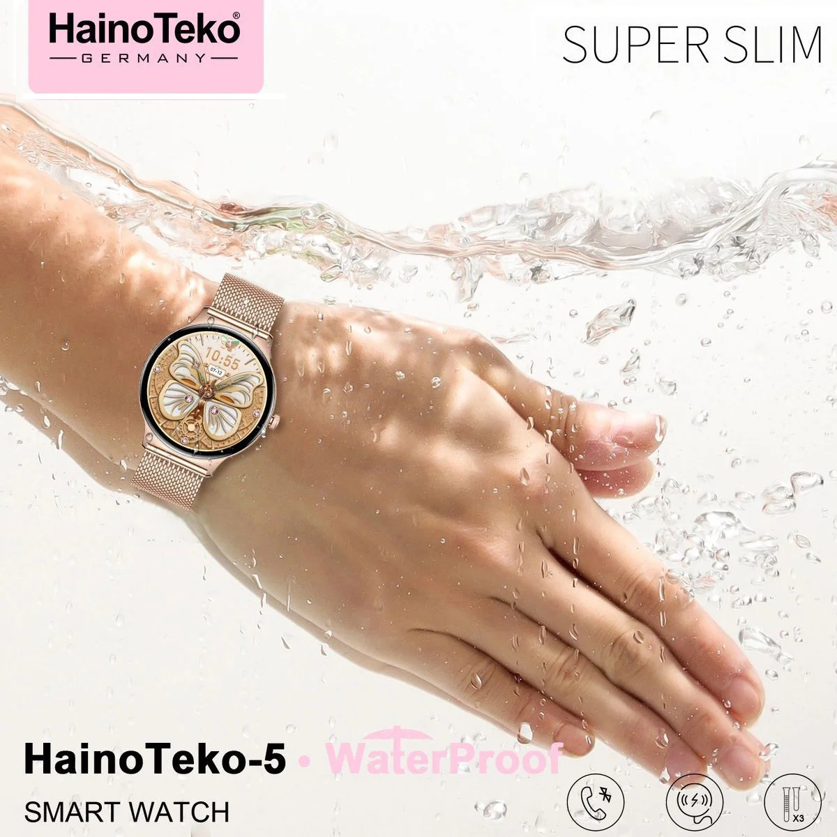 Haino Teko Watch Ultra 5 Amoled Ekran Super Slim Tasarım WaterProof 3 Kordonlu Akıllı Saat Gold Rose Teko5