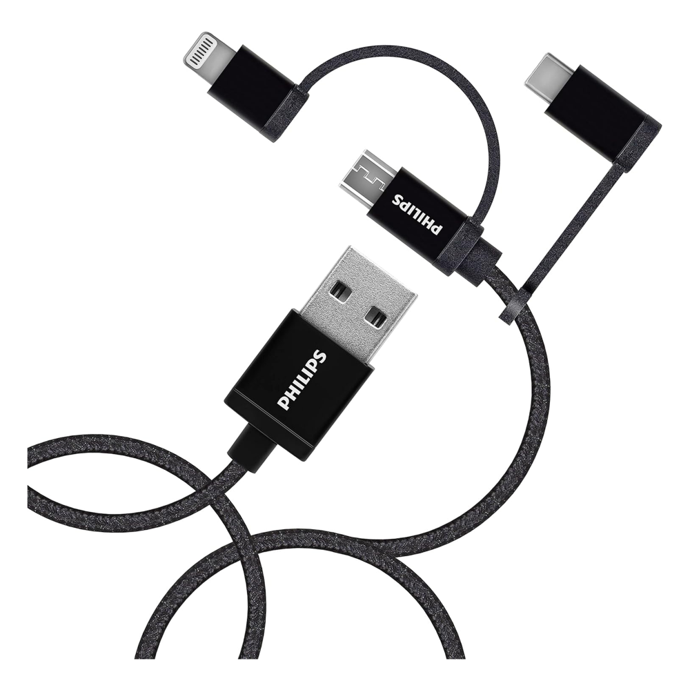Philips MFI Apple Lisanslı İphone 16 Pro Max 3in1 Micro Usb-Lightining-Type-C Hızlı Şarj ve Data Kablosu 2m Siyah DLC3106T