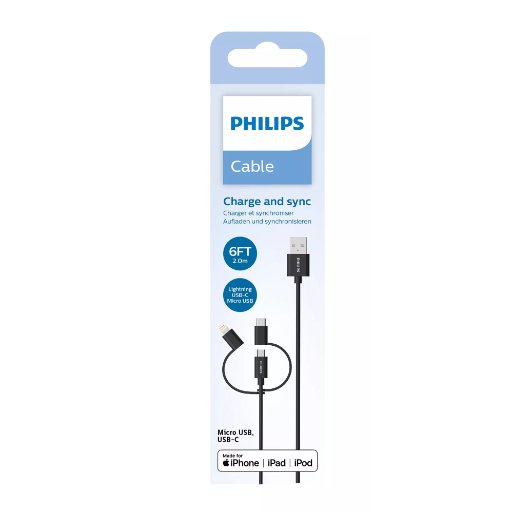Philips MFI Apple Lisanslı İphone 16 Plus 3in1 Micro Usb-Lightining-Type-C Hızlı Şarj ve Data Kablosu 2m Siyah DLC3106T