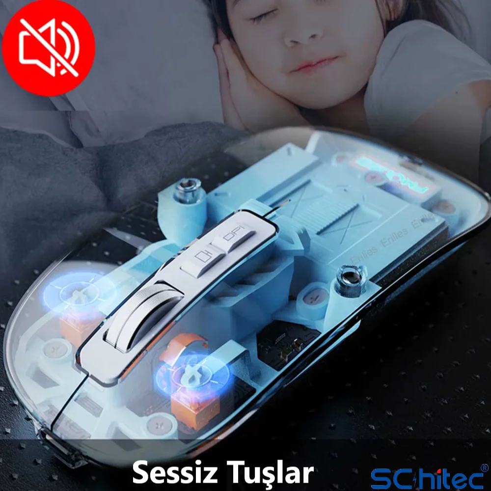 ScHitec M377 Ultra Sessiz 3 Bağlantı Modlu 2xBluetooth Kablosuz Bağlantı + 2.4Gh Gaming Type-C Şarjlı Mouse Beyaz