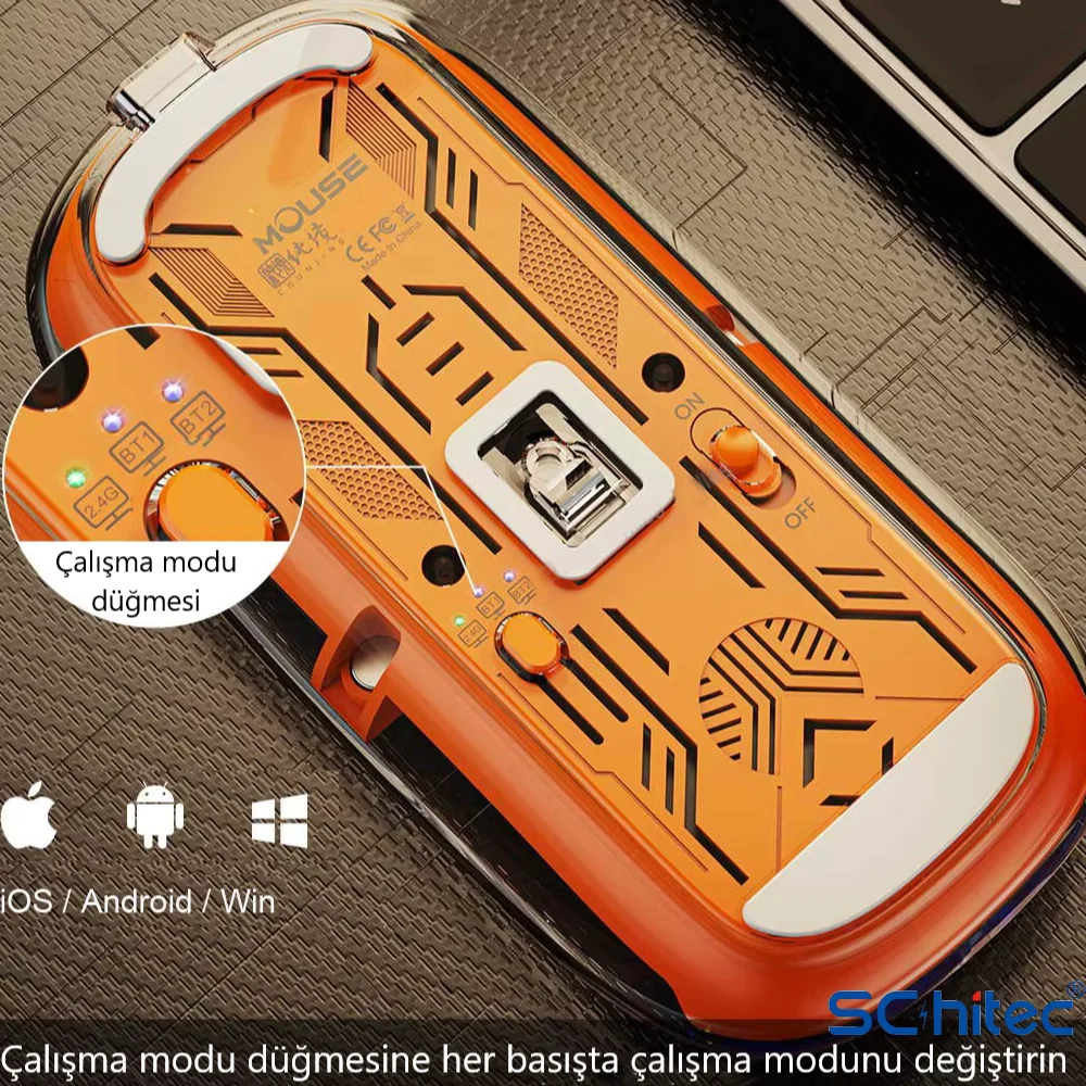 ScHitec M377 Ultra Sessiz 3 Bağlantı Modlu 2xBluetooth Kablosuz Bağlantı + 2.4Gh Gaming Type-C Şarjlı Mouse Turuncu