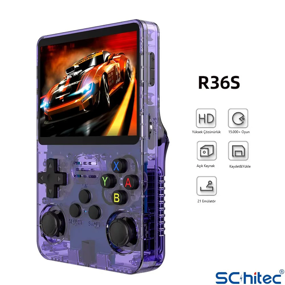 ScHitec 3.5 Inç OTG Çıkışlı Taşınabilir Retro Oyun Konsolu 15000+ Oyunlu El Atari Şeffaf Mor R36S