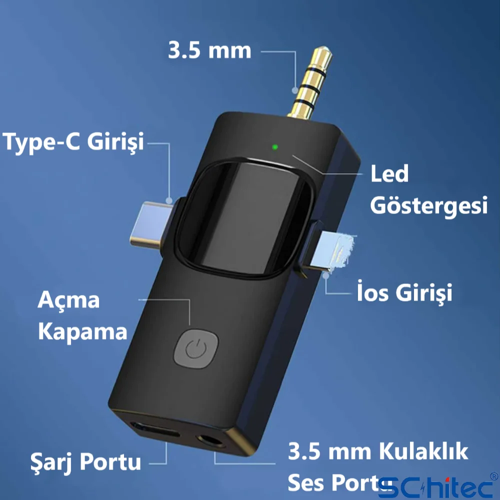 ScHitec 3in1 Type-C Lightning 3.5mm Çıkışlı İkili Kablosuz HD Wireless Yaka Mikrofonu K3519