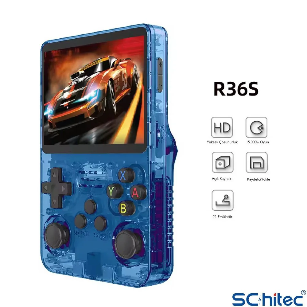 ScHitec 3.5 Inç OTG Çıkışlı Taşınabilir Retro Oyun Konsolu 15000+ Oyunlu El Atari Şeffaf Mavi R36S