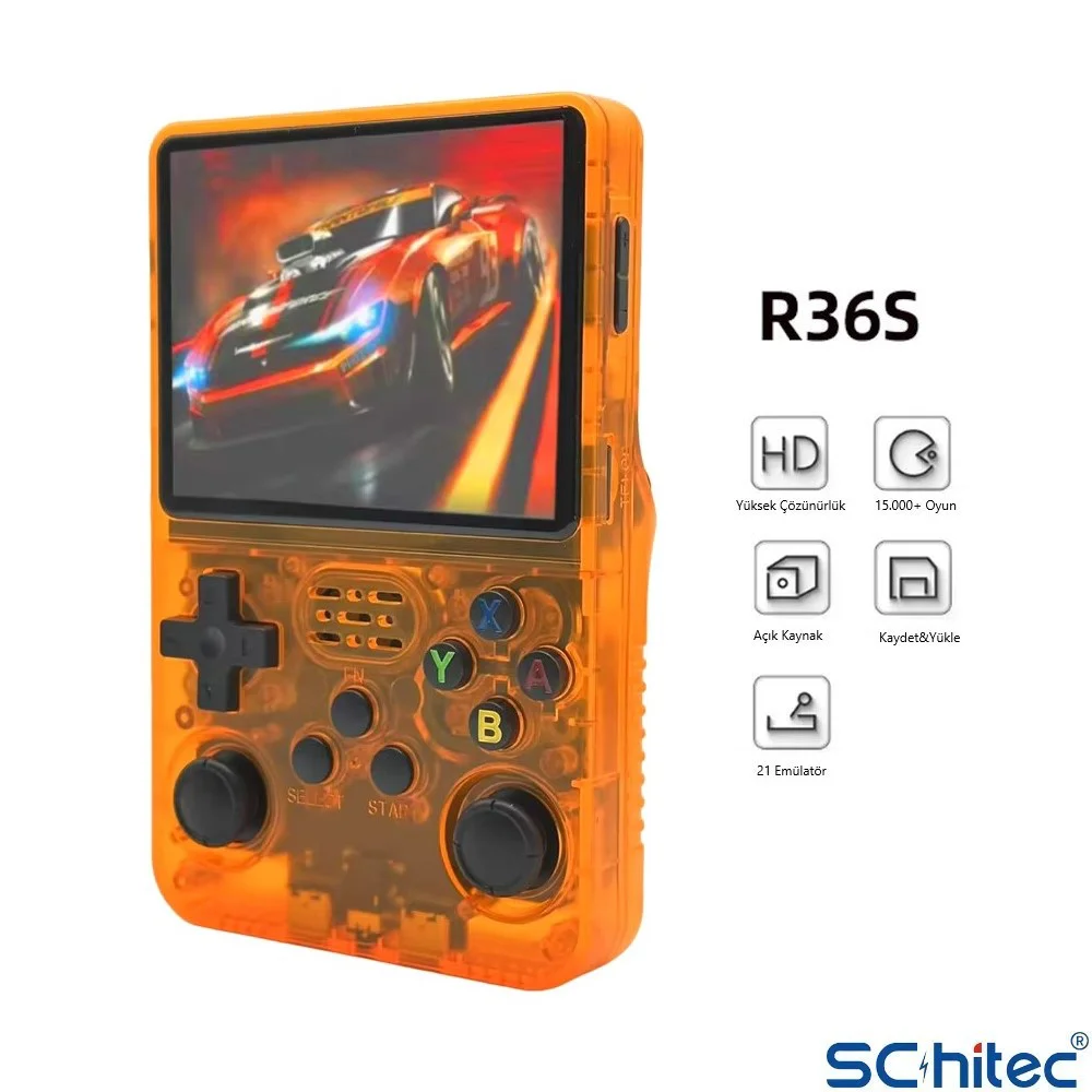 ScHitec 3.5 Inç OTG Çıkışlı Taşınabilir Retro Oyun Konsolu 15000+ Oyunlu El Atari Şeffaf Turuncu R36S