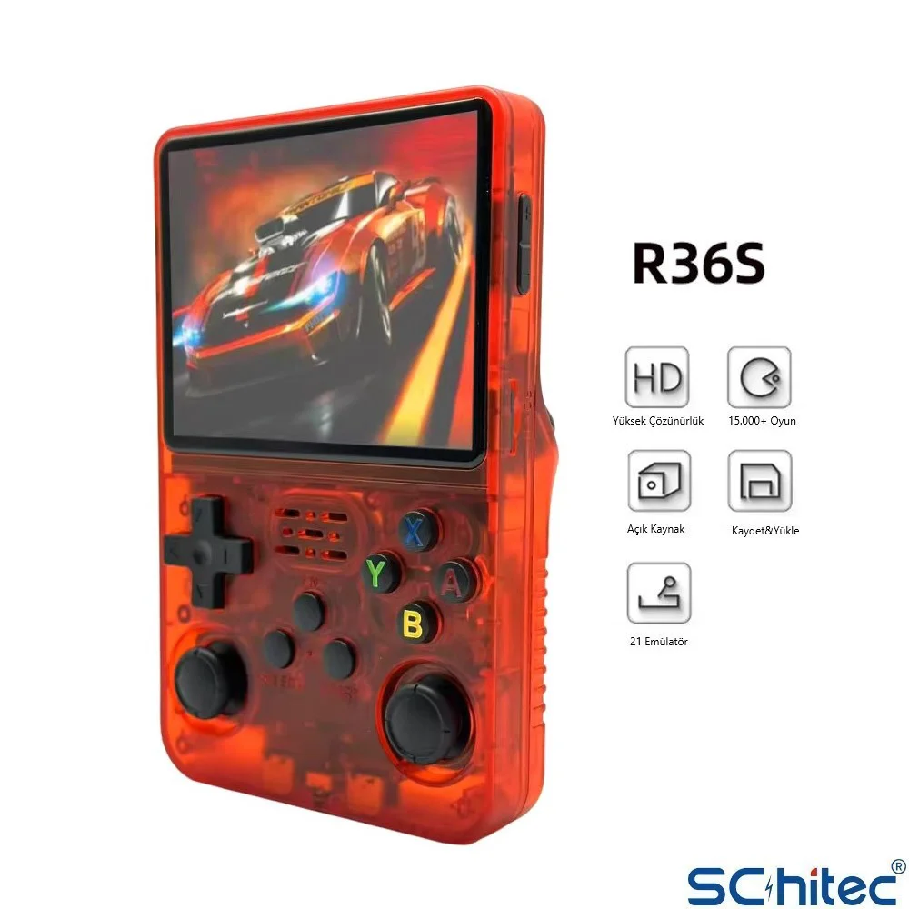 ScHitec 3.5 Inç OTG Çıkışlı Taşınabilir Retro Oyun Konsolu 15000+ Oyunlu El Atari Şeffaf Kırmızı R36S