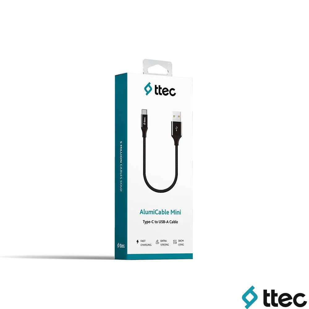 Ttec AlumiCable Extra Strong UsbA to Type-C Hızlı Data ve Fast Şarj Kablosu 30cm Siyah 2DK26S