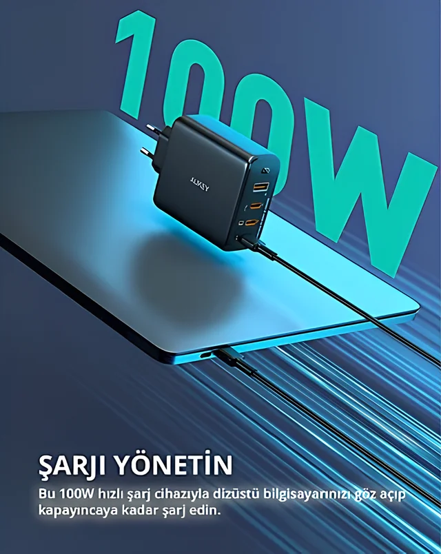 AUKEY 100W 4 Çıkışlı PD GaN Şarj Aleti Başlığı Siyah 3xType-C / 1xUsbA PA-B7S-WH