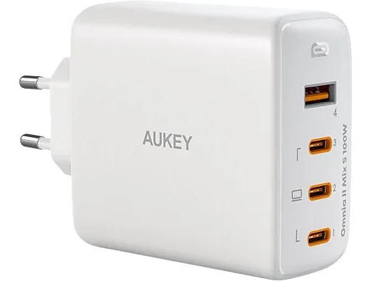 AUKEY 100W 4 Çıkışlı PD GaN Şarj Aleti Başlığı Beyaz 3xType-C / 1xUsbA PA-B7S-WH