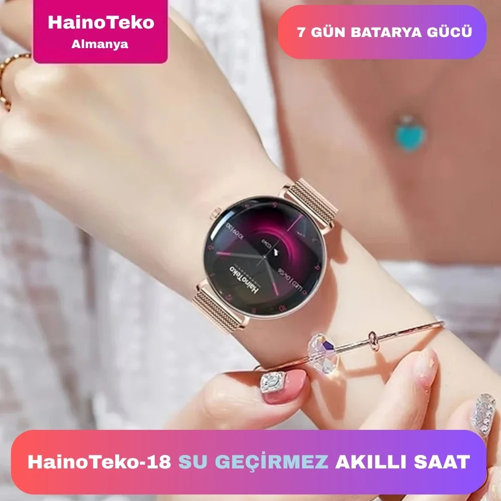Haino Teko Amoled Ekran Super Slim Tasarım WaterProof 3 Kordonlu Akıllı Saat Gold Rose Teko18