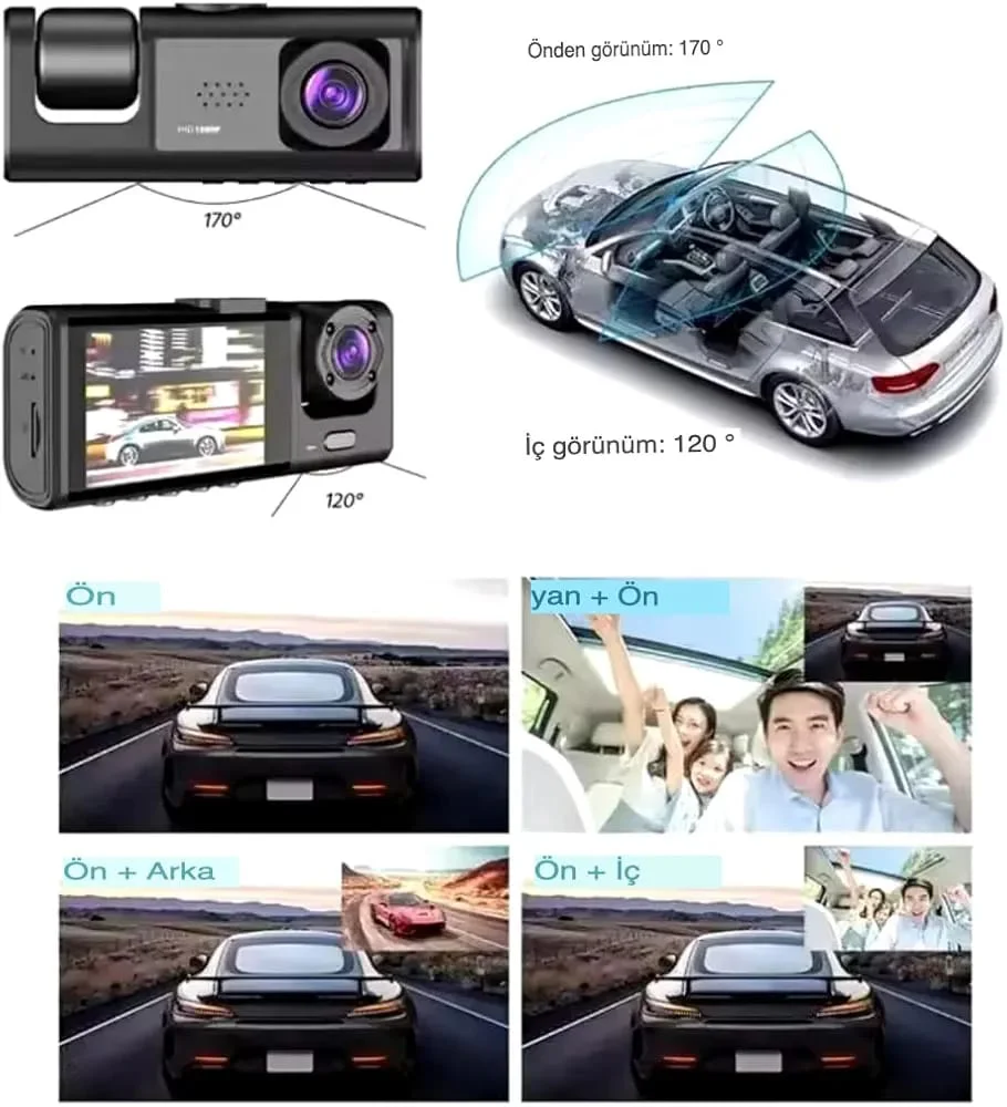 SChitec Trafik Kaydedici Dikiz Aynası | Üç Kameralı 170° Geniş Açı Full HD 1080P Araç İçi Kamera C309