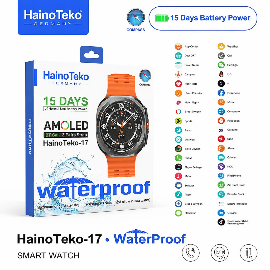 Haino Teko 17 Akıllı Saat AMOLED Ekran Siyah  Su Geçirmez 15 Gün Pil Bluetooth Arama Spor ve Sağlık Takibi