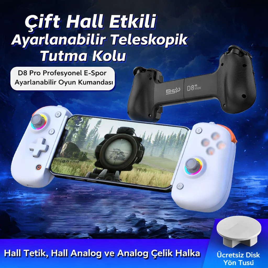 SChitec D8 Pro IOS-Android Akıllı Telefon Tablet Uyumlu Mobil Telefon Tutucu Rgb Joystick Gamepad Beyaz