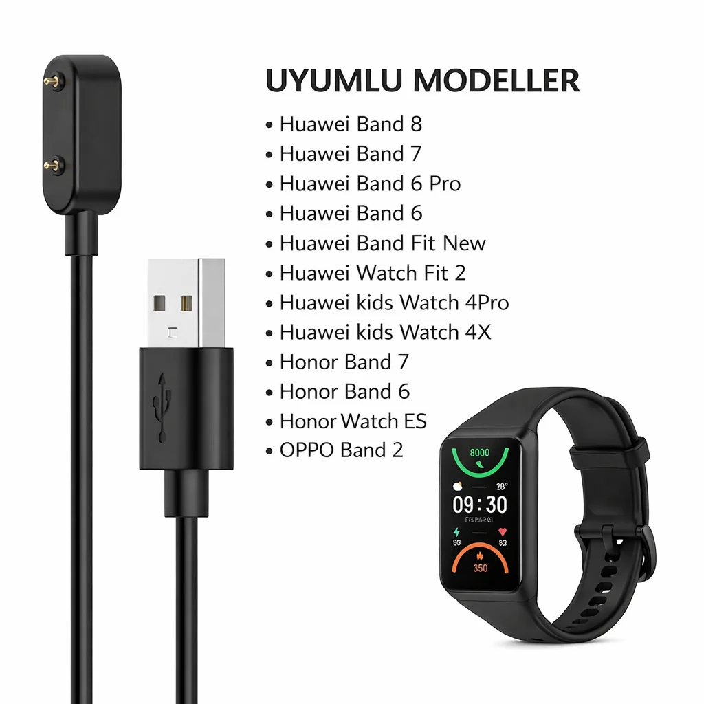SChitec Huawei Honor Band 6 Uyumlu Manyetik Usb Şarj Kablosu 1 Metre Siyah