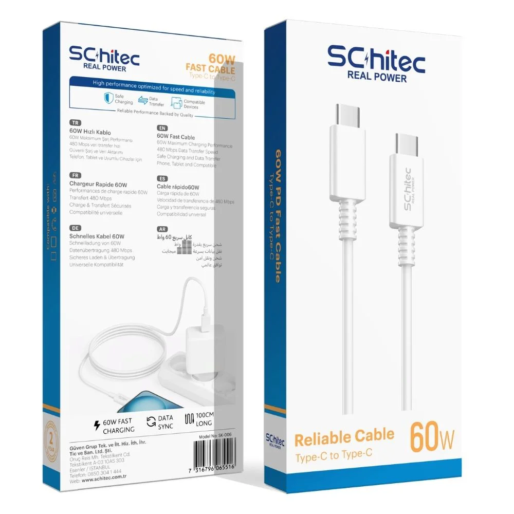 SChitec 60W Type-C to Type-C Data ve Hızlı Şarj Kablosu Telefon, Tablet, Laptop Uyumlu Beyaz SK006