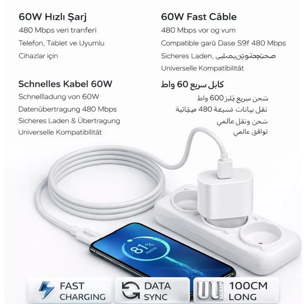 SChitec 60W Type-C to Lightning Data ve Hızlı Şarj Kablosu Telefon, İpad Uyumlu Beyaz SK003