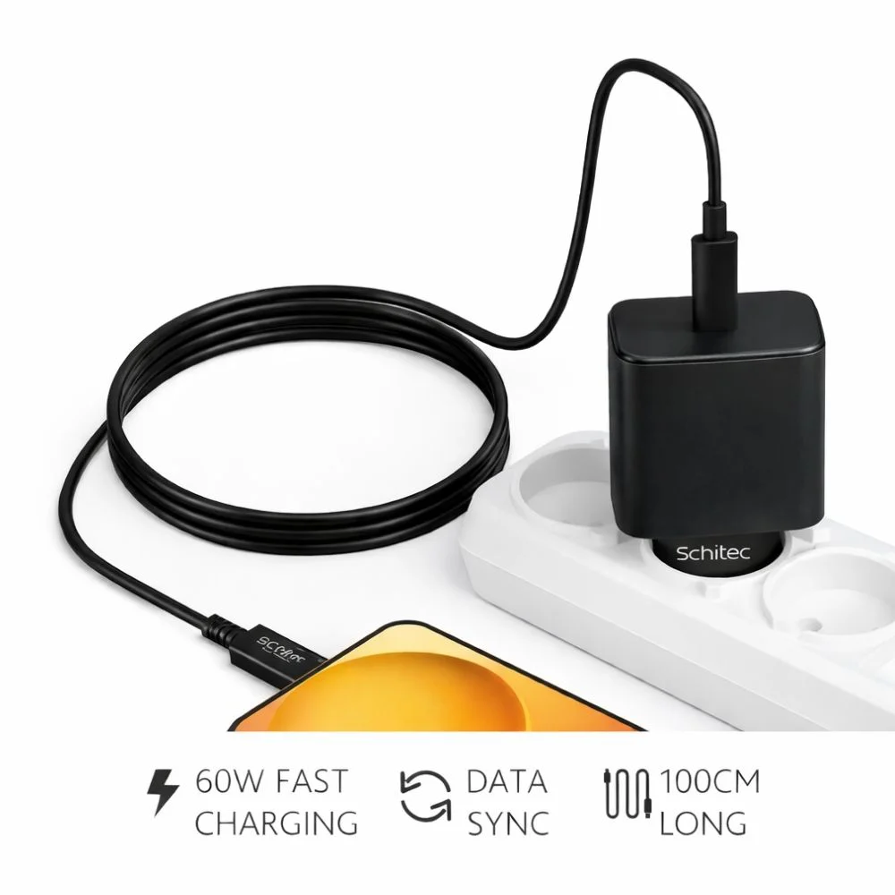 SChitec 60W Type-C to Type-C Data ve Hızlı Şarj Kablosu Telefon, Tablet, Laptop Uyumlu Siyah SK005
