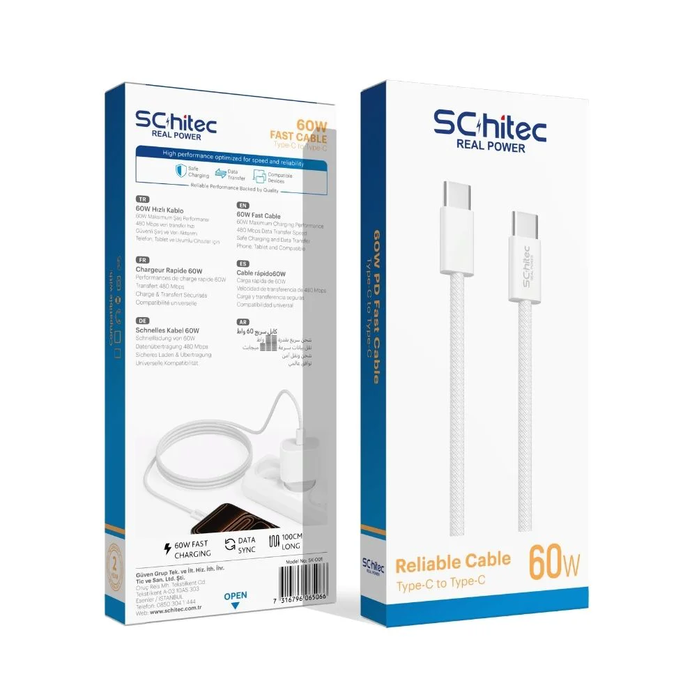 SChitec 60W Type-C to Type-C Örgülü Data ve Hızlı Şarj Kablosu Telefon, Tablet, Laptop Uyumlu Beyaz SK001
