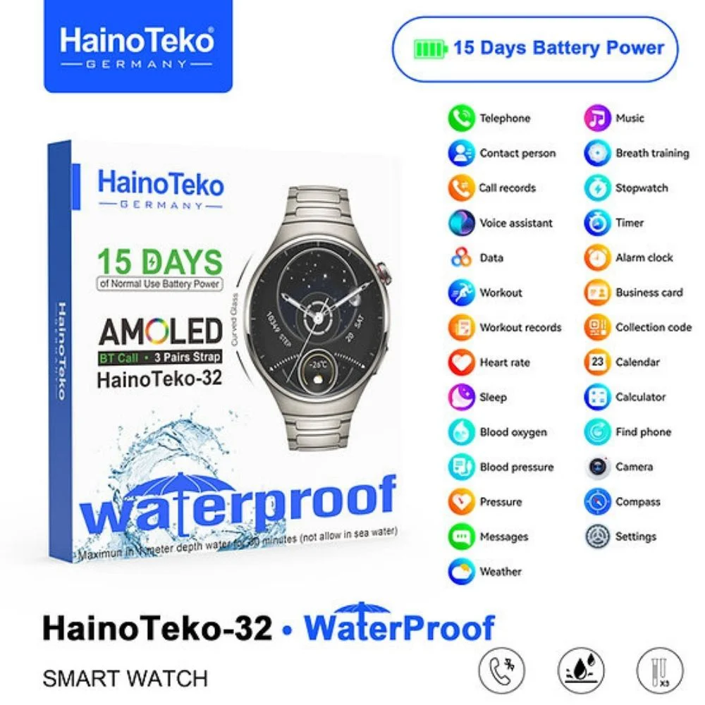 HainoTeko 32 Akıllı Saat AMOLED Ekran Bluetooth Sesli Görüşme, Su geçirmez, 15 Gün Batarya, Metal Kasa, Çoklu Spor & Sağlık Takibi Gümüş