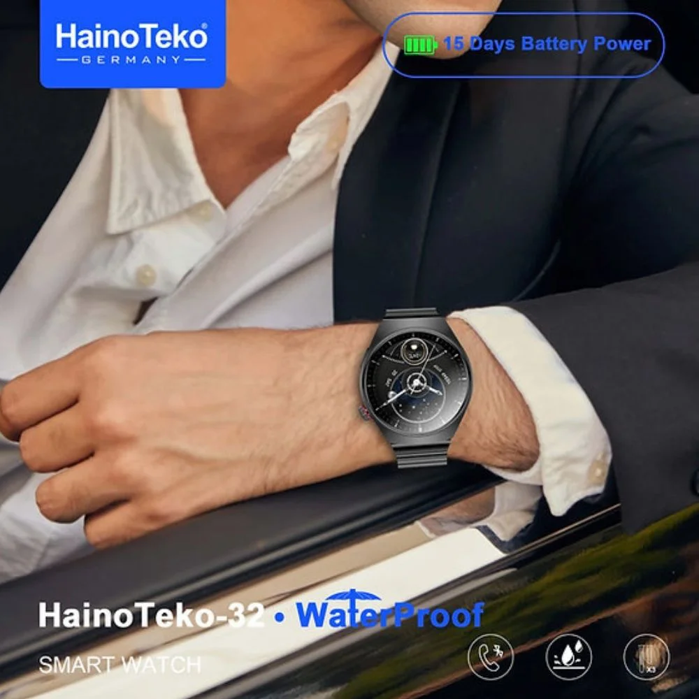 HainoTeko 32 Akıllı Saat AMOLED Ekran Bluetooth Sesli Görüşme, Su geçirmez, 15 Gün Batarya, Metal Kasa, Çoklu Spor & Sağlık Takibi Siyah