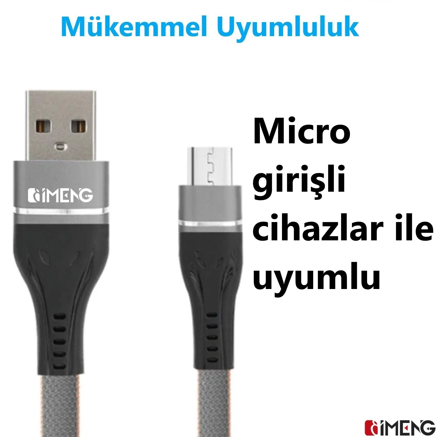 İmeng 3.1A UsbA to Micro Örgülü Data ve Şarj Hızlı Kablosu ML108 Gri