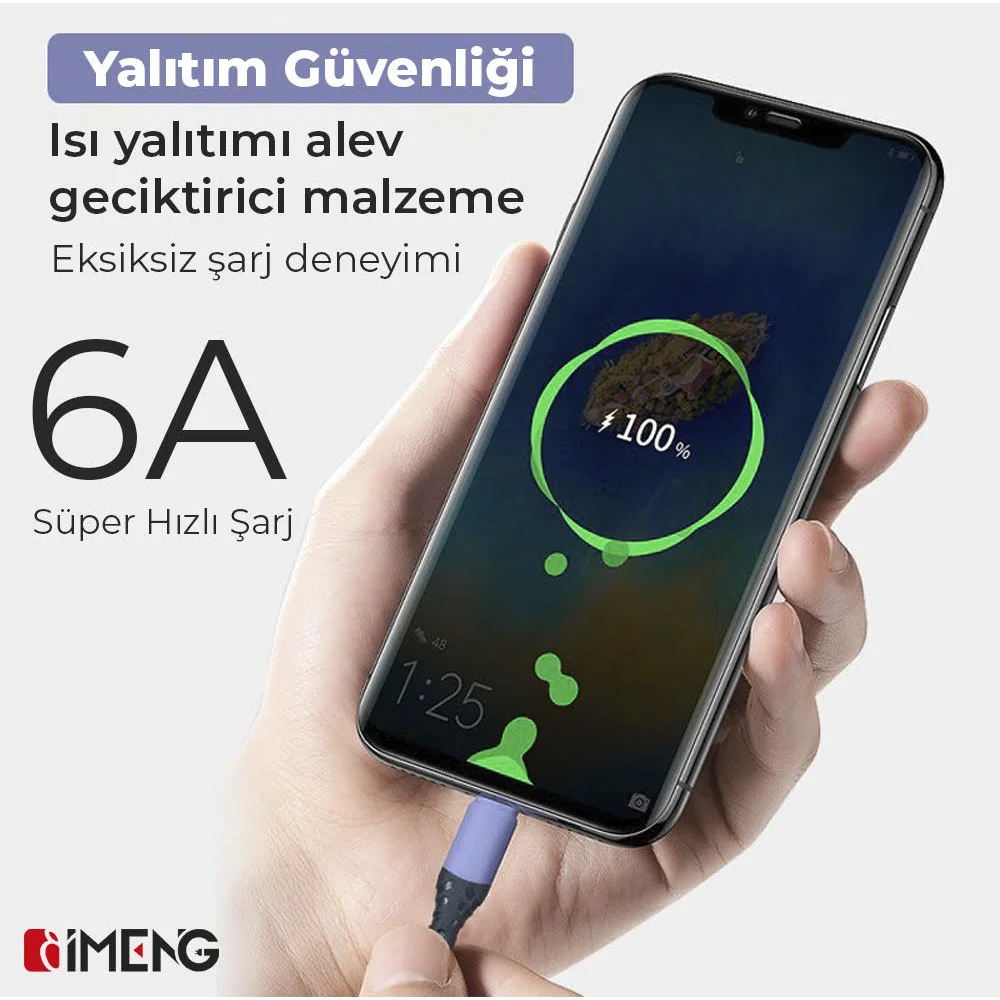 İmeng 6A 100W UsbA to Lightning Data ve Hızlı Şarj Kablosu ML60 Yeşil