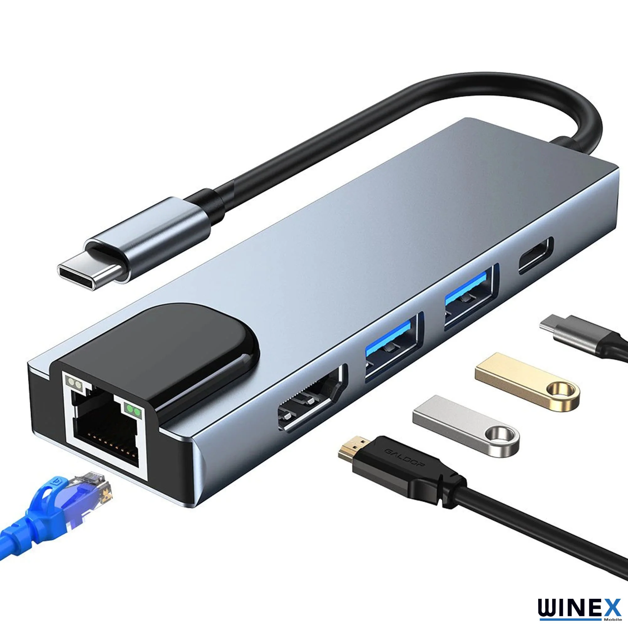 Winex 5in1 Type-C to HDMI 2xUsbA 3.0 Ethernet Hub Port 100W Adaptör BYL-2007