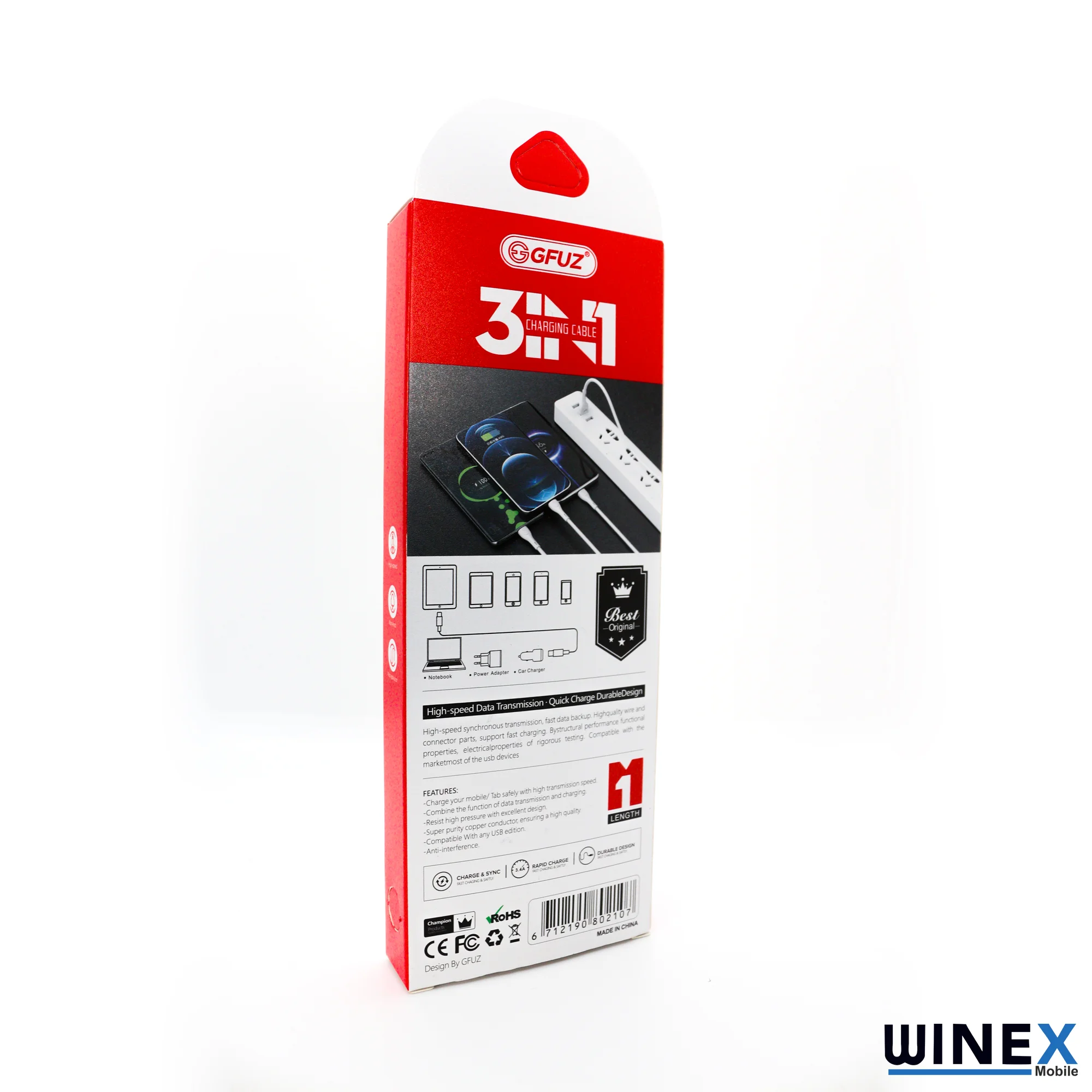 Winex CA107 Gfz 3in1 Micro, Lightning, Type-C Çıkışlı Data ve Şarj Kablosu 3.4A Siyah