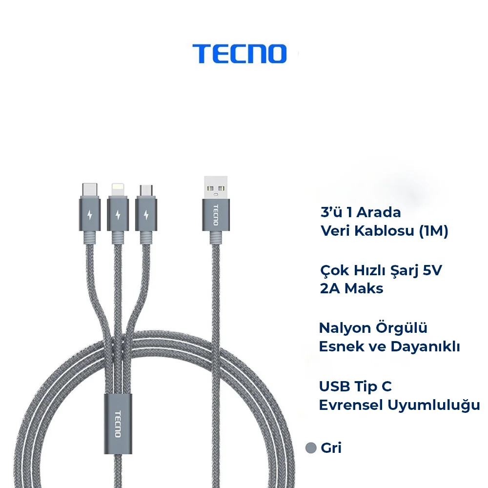 Tecno TCN31 3in1 Lightning, Type-C, Micro Çıkışlı Örgülü Hızlı Data ve Şarj Kablosu (TECNO Türkiye Garantili)