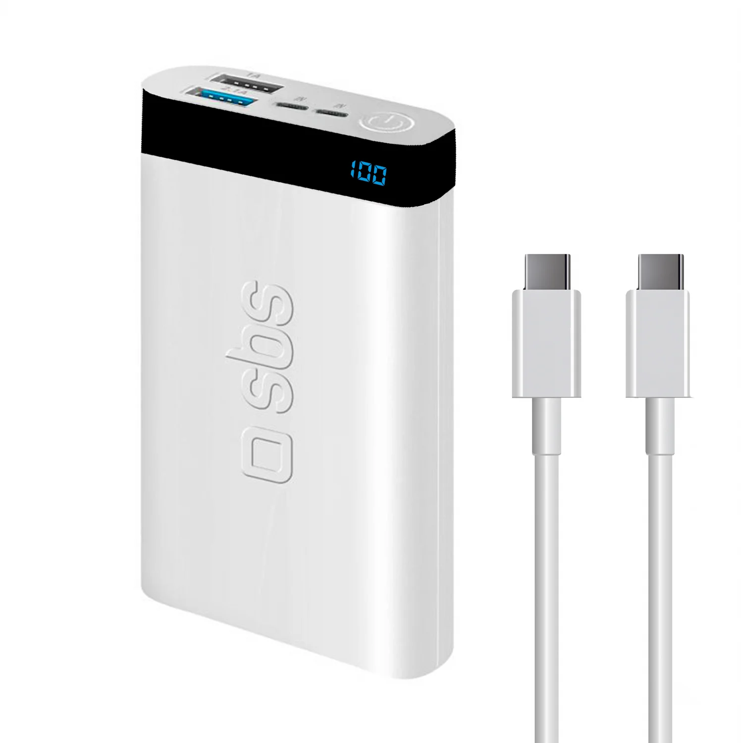 Sbs İntelligent Fast Charge 10.000mAh 2xUsbA + Type-C Çıkışlı Led Göstergeli 2M Type-C to Type-C Kablolu Powerbank Beyaz