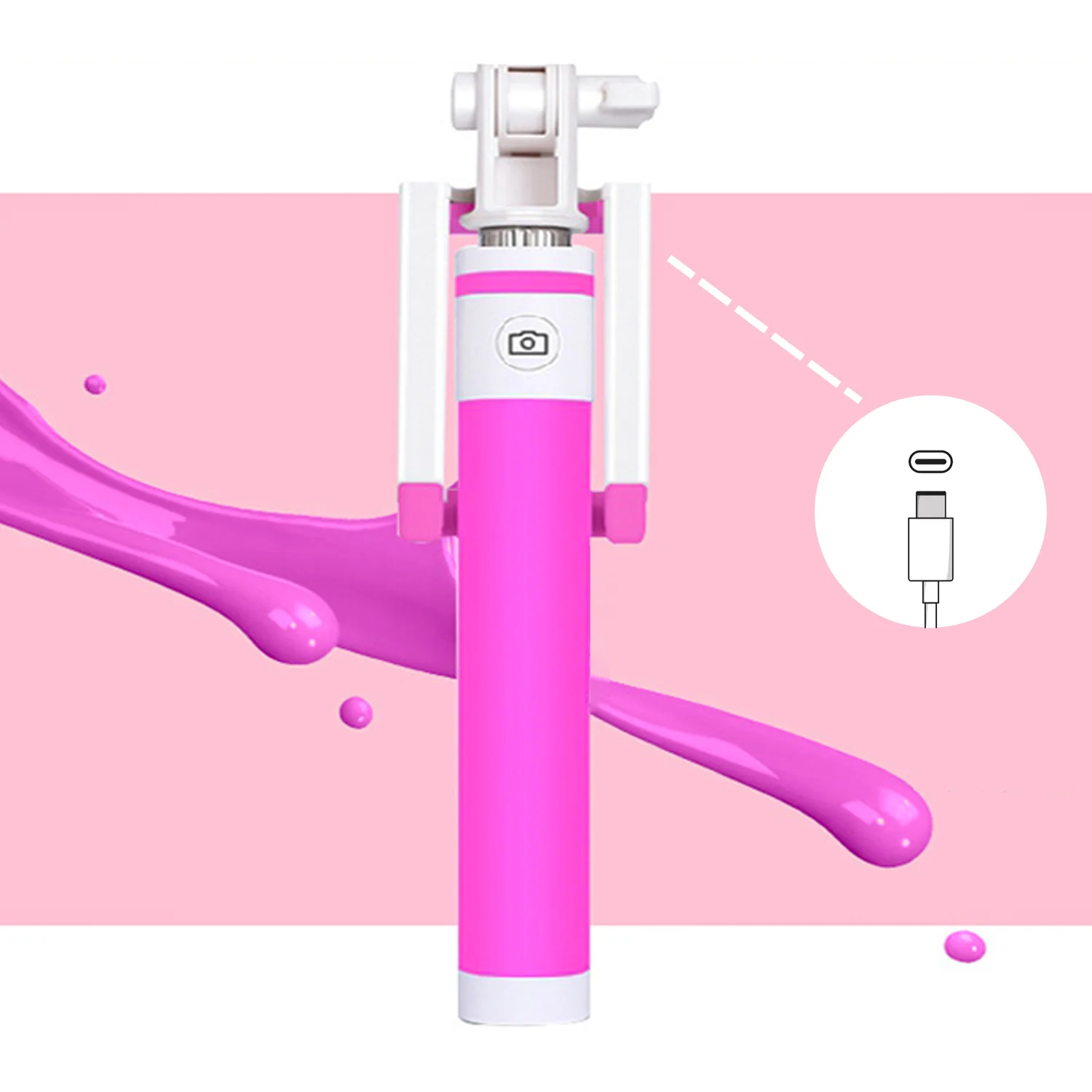 Winex SR342 Katlanabilir Type-C Selfie Girişli Stick Çubuğu Pembe