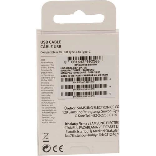 Samsung EP-DA705 Type-C To Type-C 25W Data ve Şarj Kablo Beyaz Samsung Türkiye Garantili
