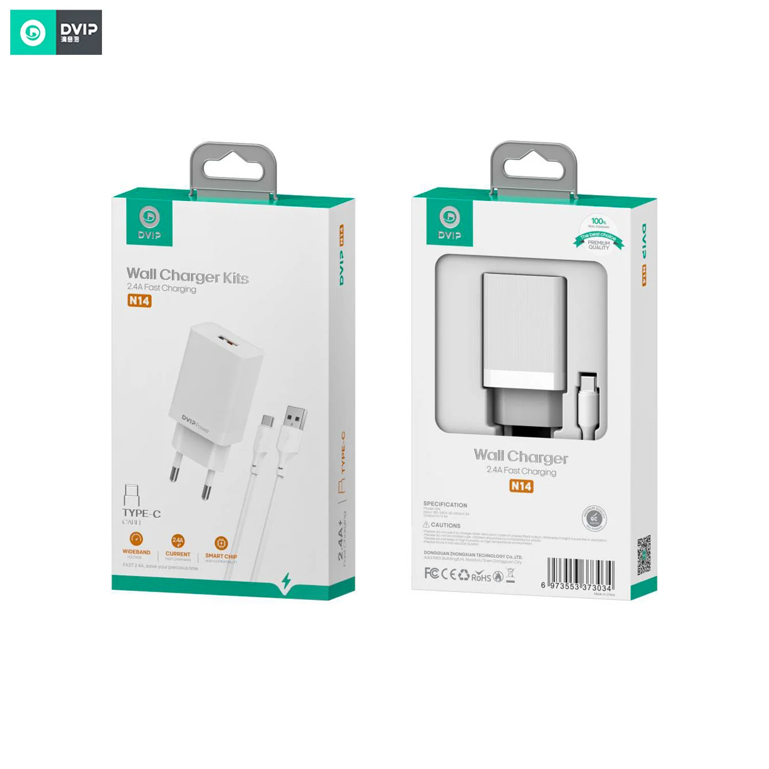 DVIP N14 2.4A UsbA to Type-C Kablolu Hızlı Şarj Aleti Set Beyaz