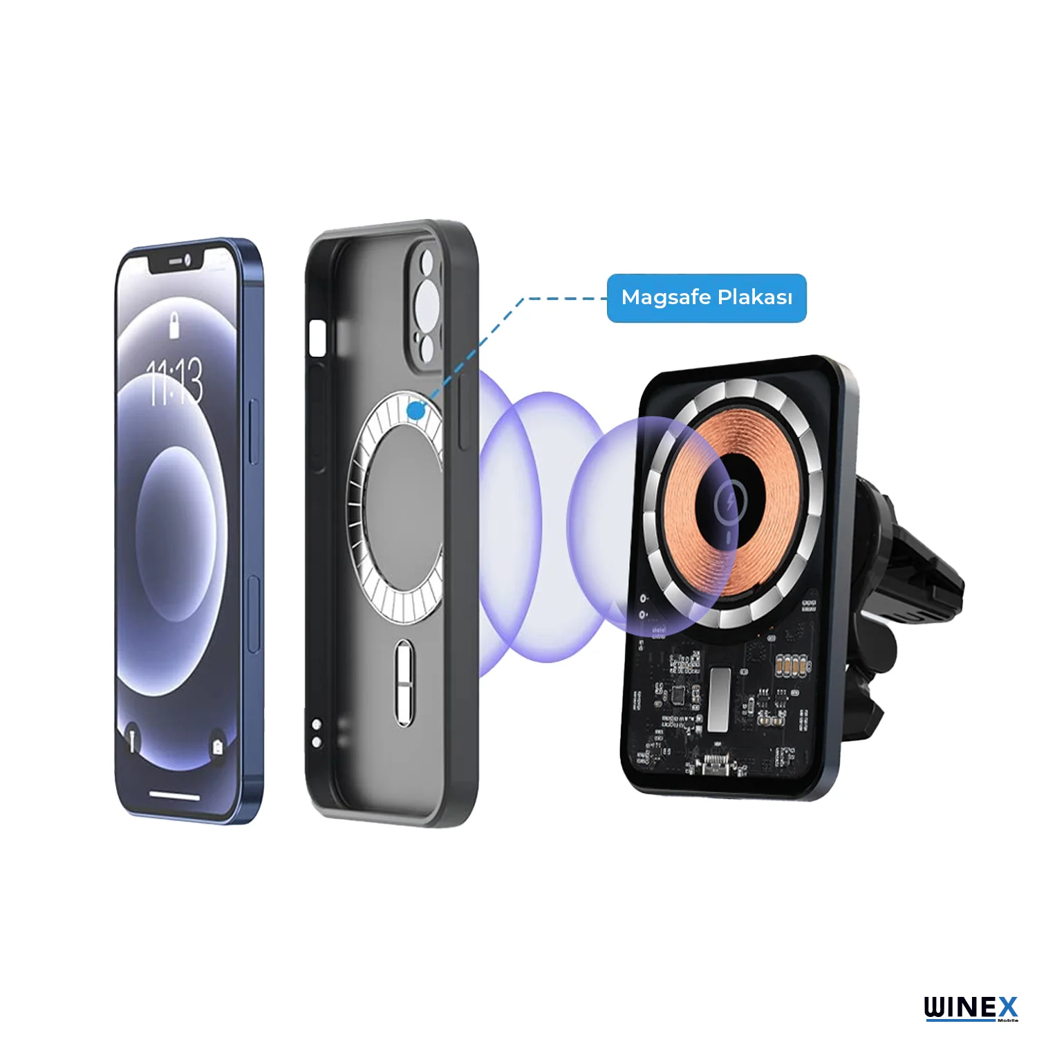 Winex 15W Magsafe Sensörlü Araç İçi Kablosuz Hızlı Şarj Aleti ve Telefon Tutucu YK3454