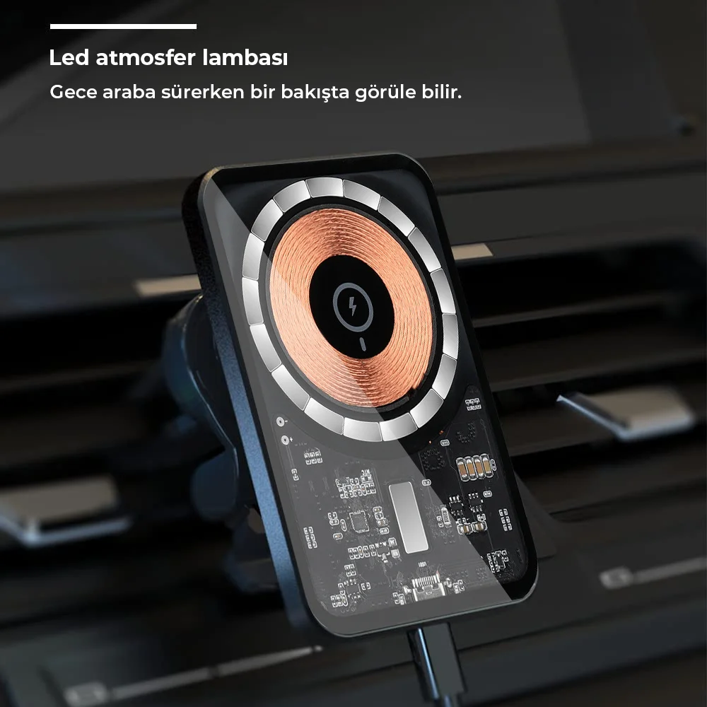 Winex 15W Magsafe Sensörlü Araç İçi Kablosuz Hızlı Şarj Aleti ve Telefon Tutucu YK3454