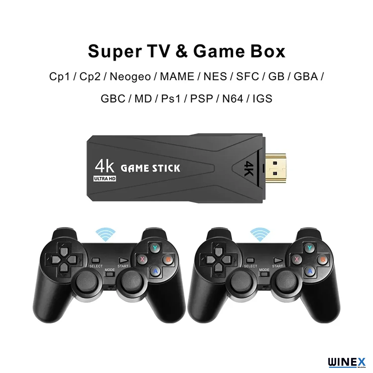 Winex 4K Android TV Stick ve Retro Game Konsol 10000 Atari Makinası Oyunlu 64GB Siyah