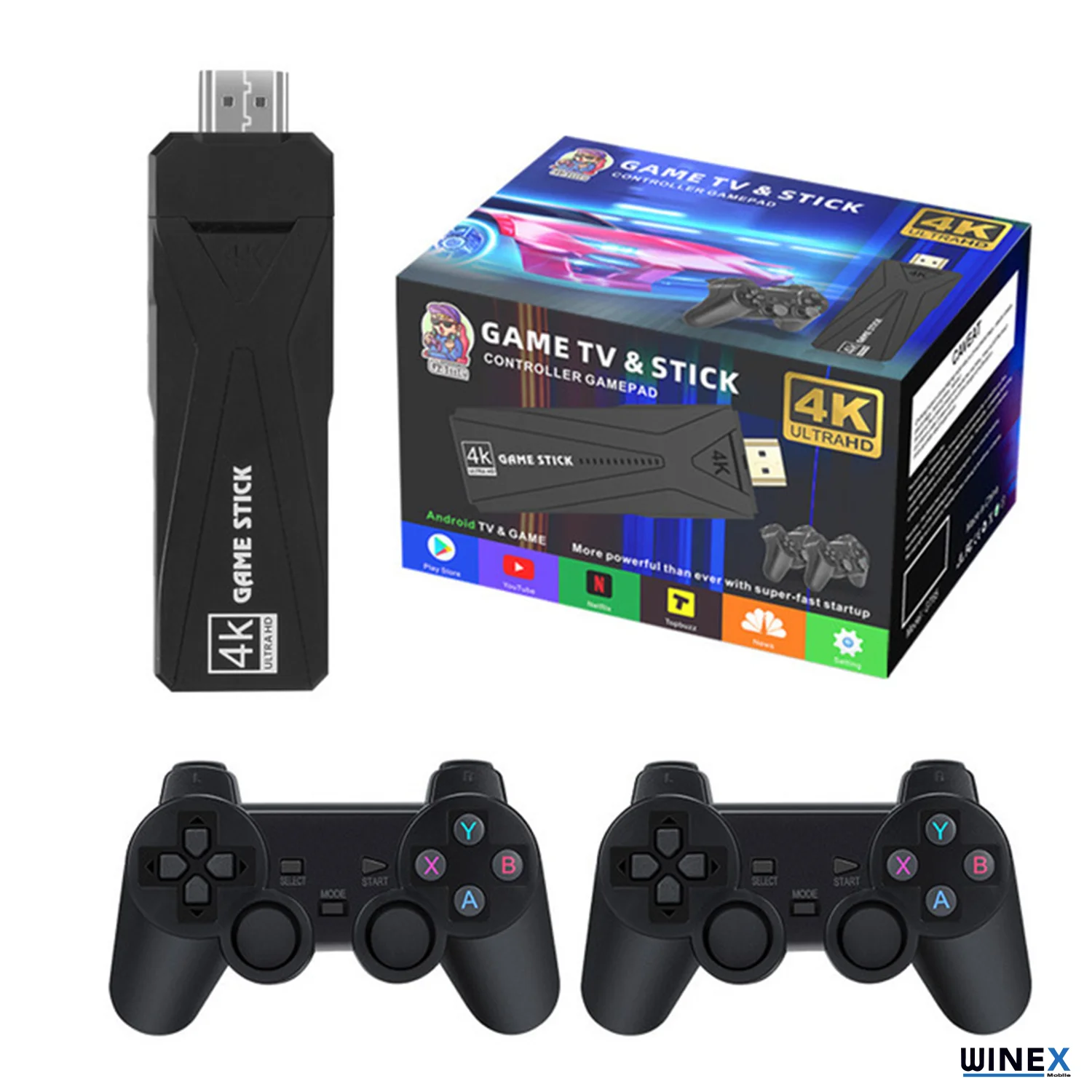 Winex 4K Android TV Stick ve Retro Game Konsol 10000 Atari Makinası Oyunlu 64GB Siyah