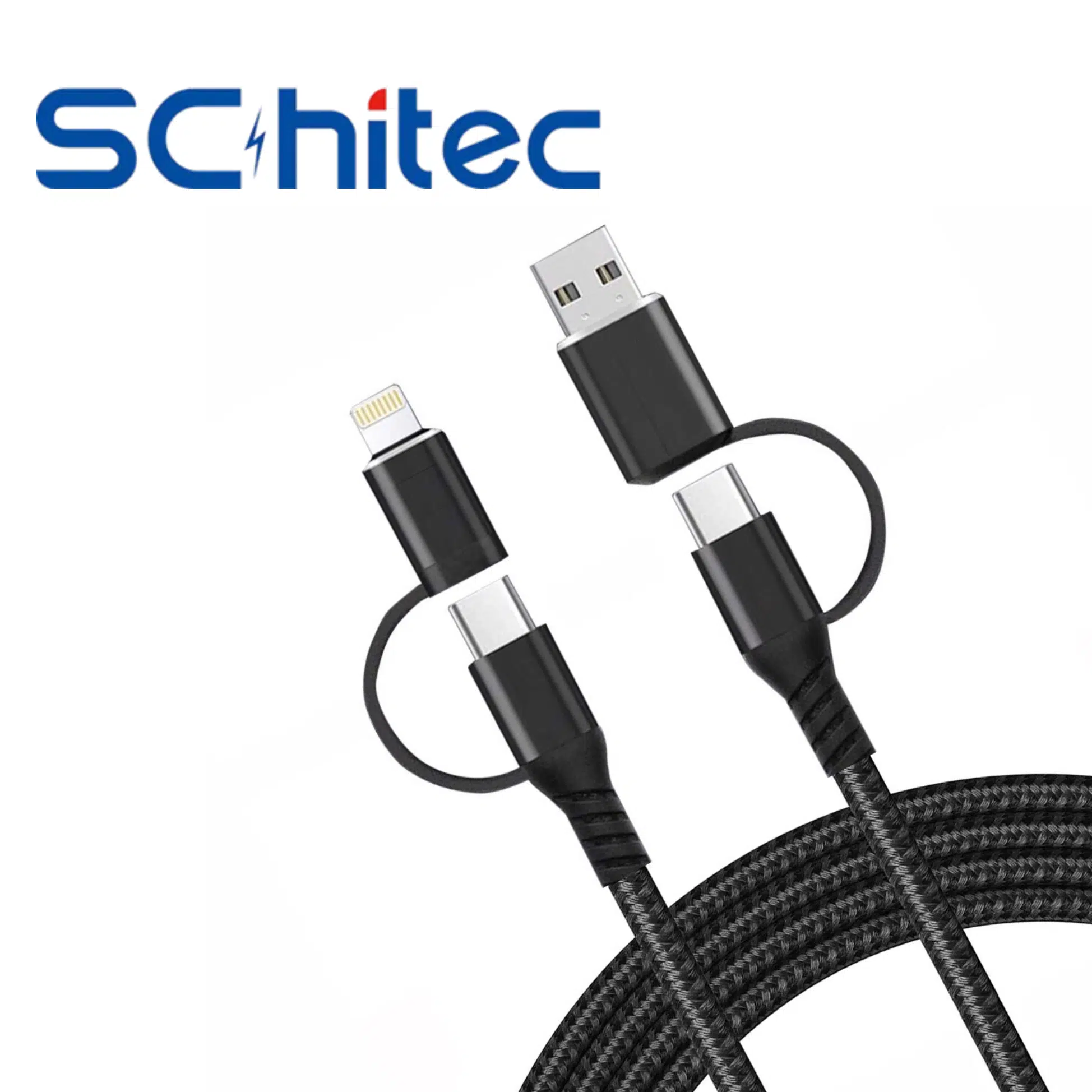 ScHitec 100W 4in1 Type-C - USB - Lightning - Type-C Çıkışlı Hızlı Data ve Şarj Kablosu Siyah