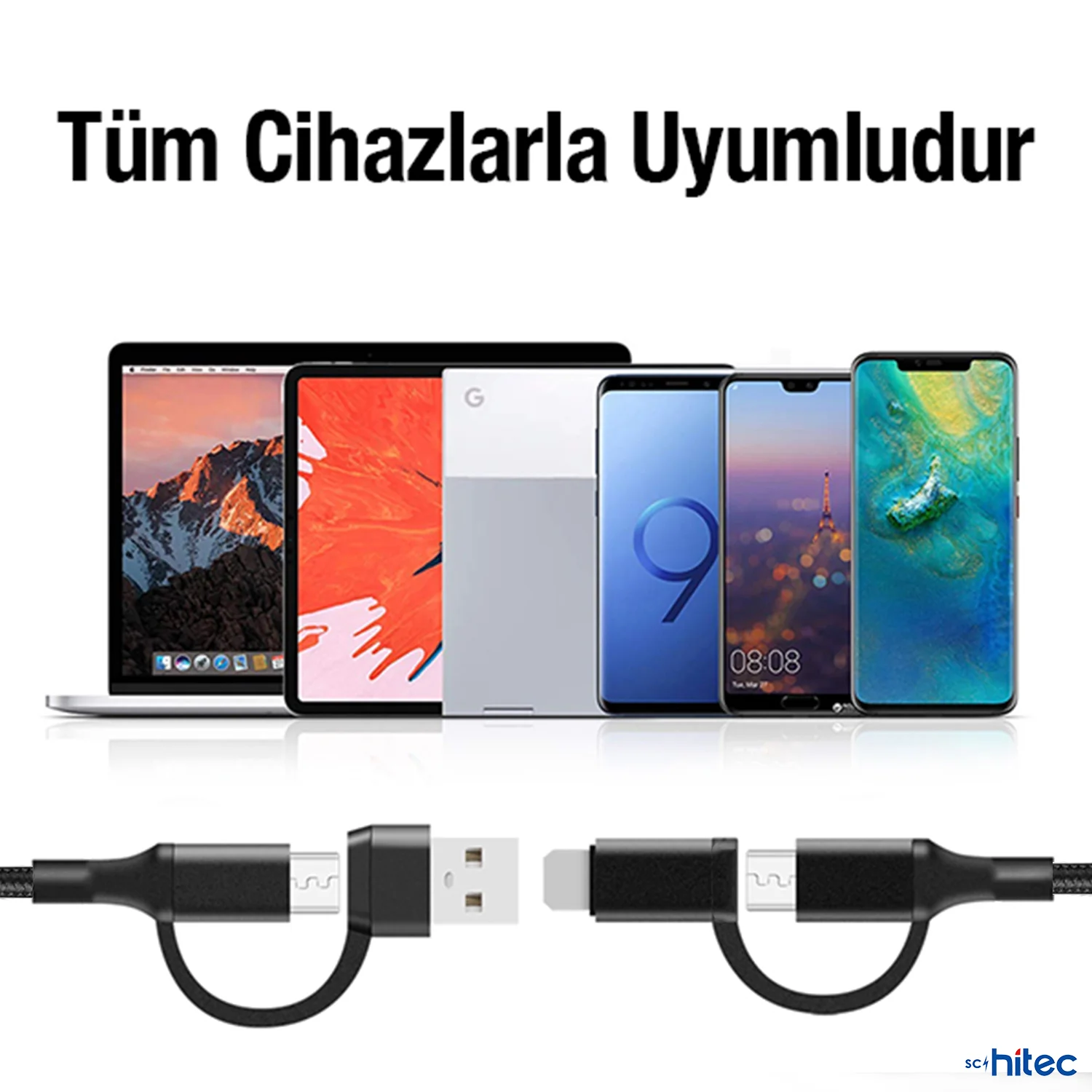 ScHitec 100W 4in1 Type-C - USB - Lightning - Type-C Çıkışlı Hızlı Data ve Şarj Kablosu Siyah