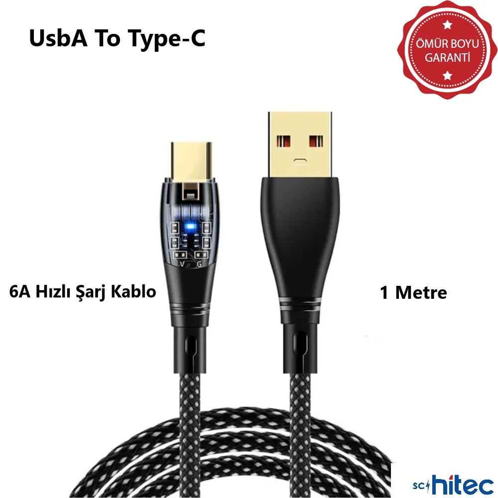 ScHitec 6A 120W UsbA to Type-C 1Metre Hızlı Data ve Şarj Kablosu Beyaz YK234B