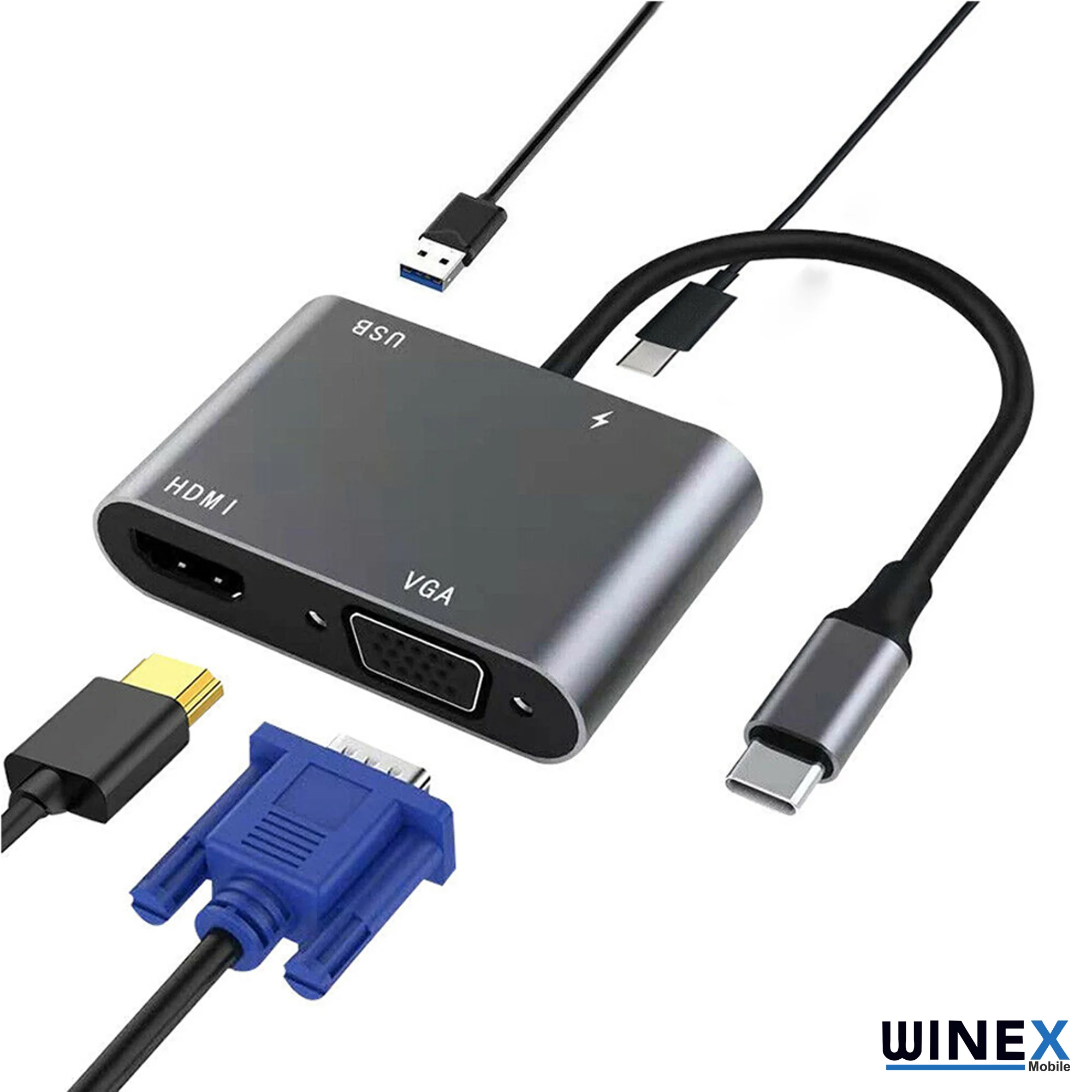 Winex 4in1 Type-C to HUB PD 100W+HDTV+VGA+UsbA Dönüştürücü Adaptör 4in1A