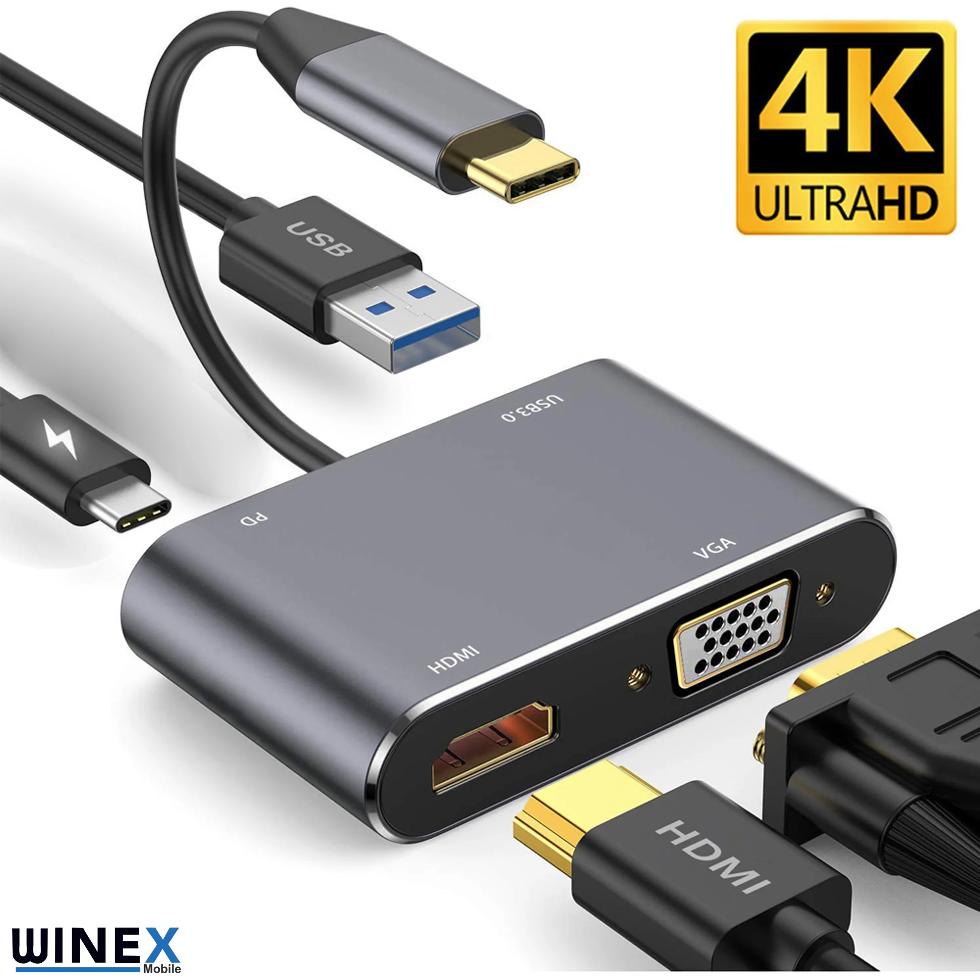 Winex 4in1 Type-C to HUB PD 100W+HDTV+VGA+UsbA Dönüştürücü Adaptör 4in1A