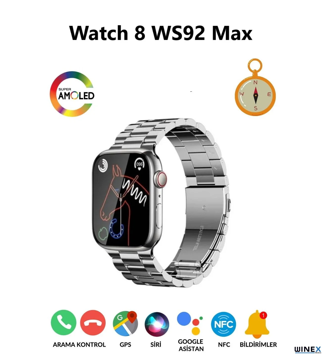 Winex Watch 8 WS92 Max Amoled Ekran Android İos HarmonyOs Uyumlu Akıllı Saat Gümüş