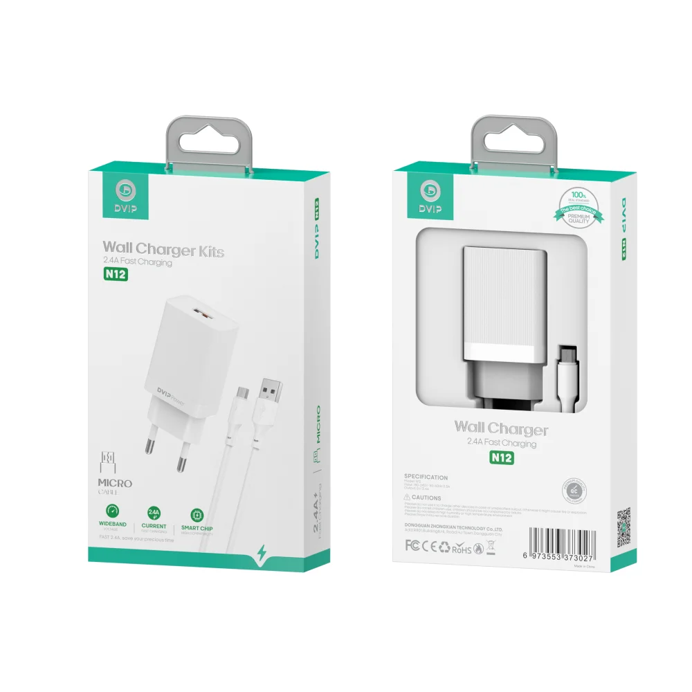 DVIP N12 2.4A UsbA to Micro Kablolu Hızlı Şarj Aleti Set Beyaz Akım Korumalı