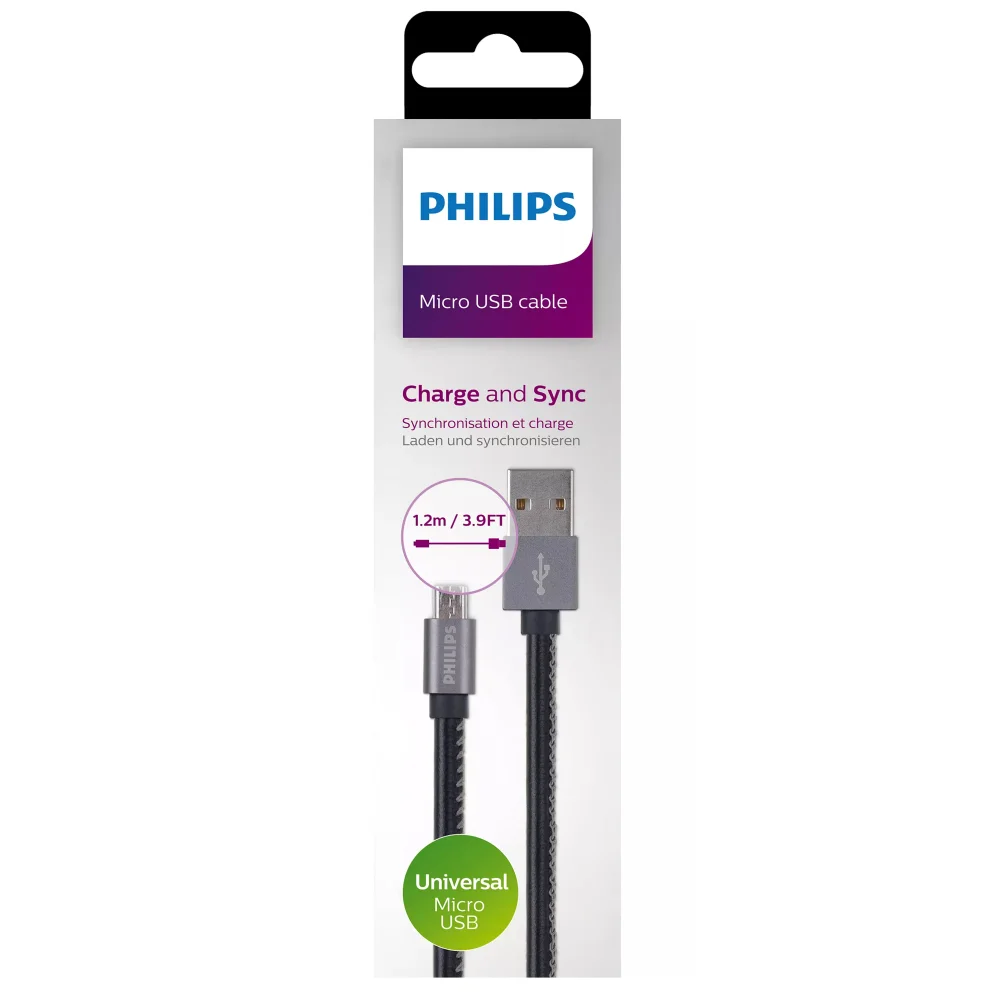 Philips 3A 60W UsbA to Micro Deri Kaplama Hızlı Şarj ve Data Kablosu 1.2m Siyah DLC2518B/97