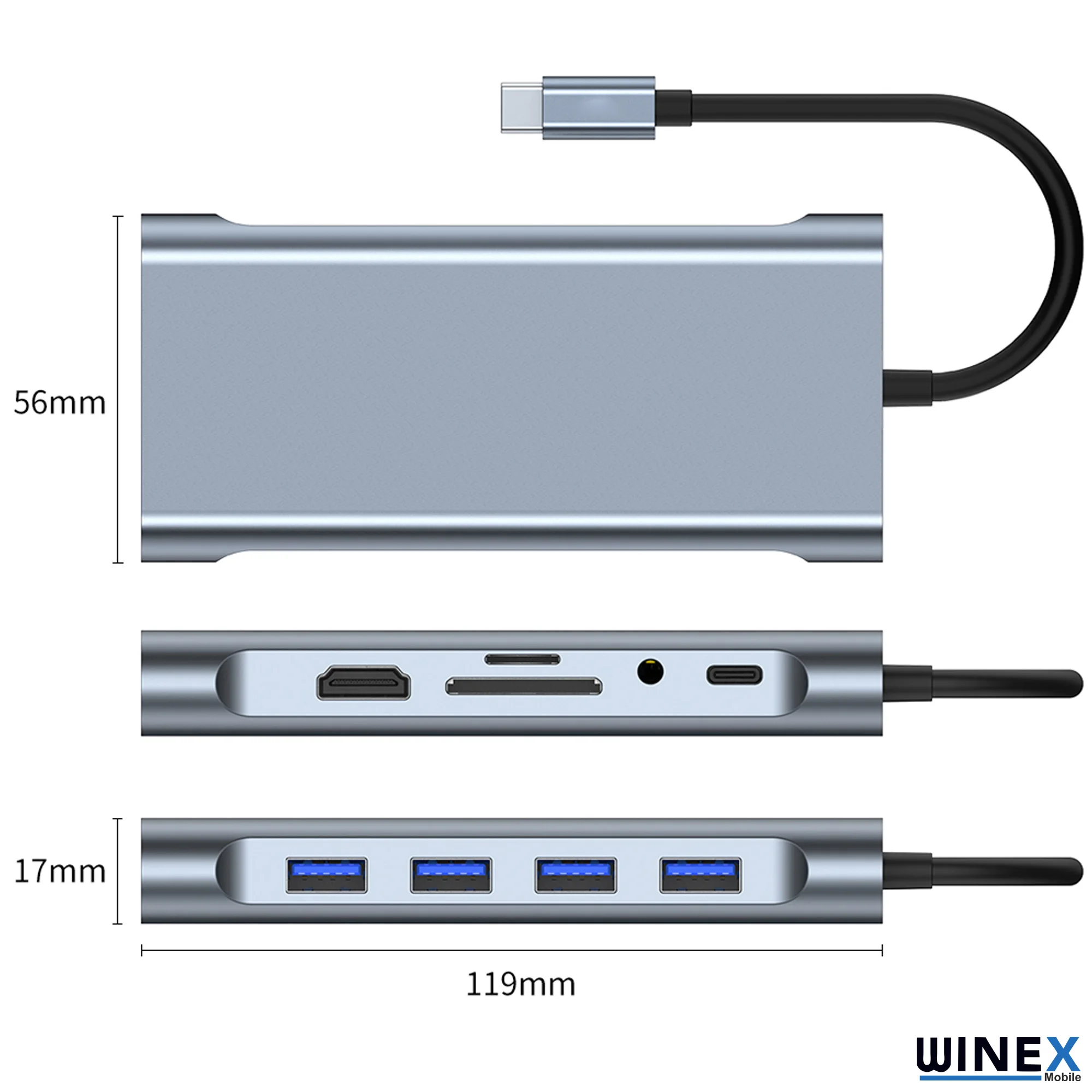 Winex 11in1 Hub Type-C to 4K HDMI/UsbA 3.0/TF SD/VGA/3.5mm AUX/PD Şarj/RJ45 Ethernet Dönüştürücü Adaptör