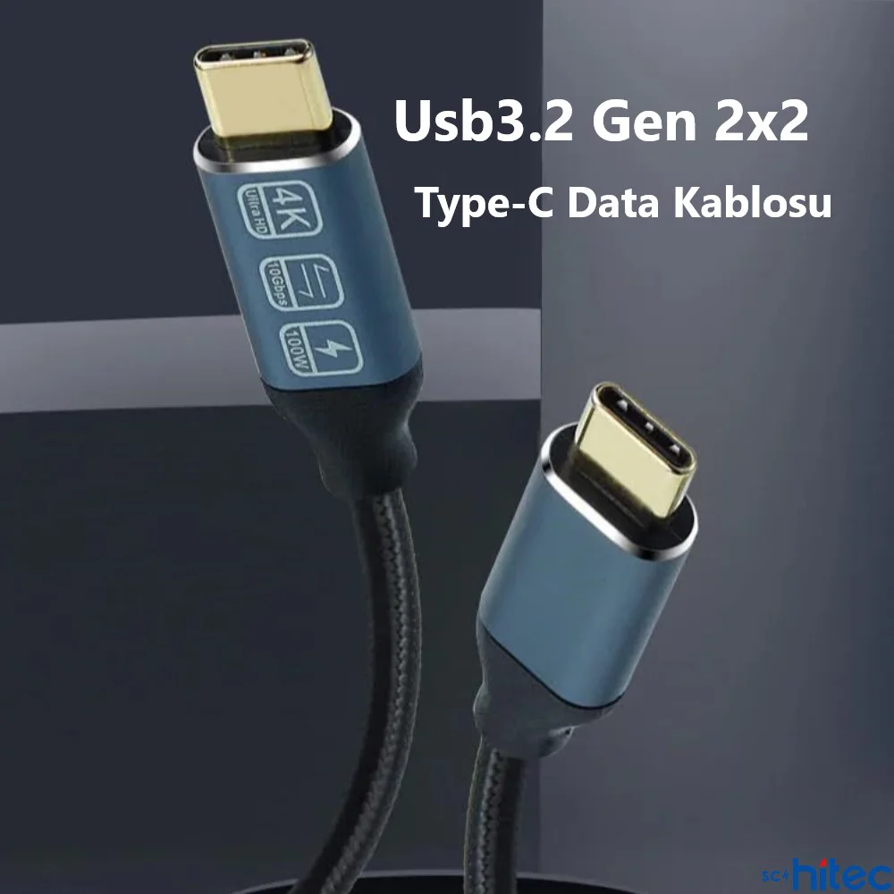 ScHitec 5A 100W 20Gps 4K 60Hz Type-C To Type-C 4.0 Gen2 Hızlı Data ve Şarj Kablosu Örgülü 2Metre Siyah